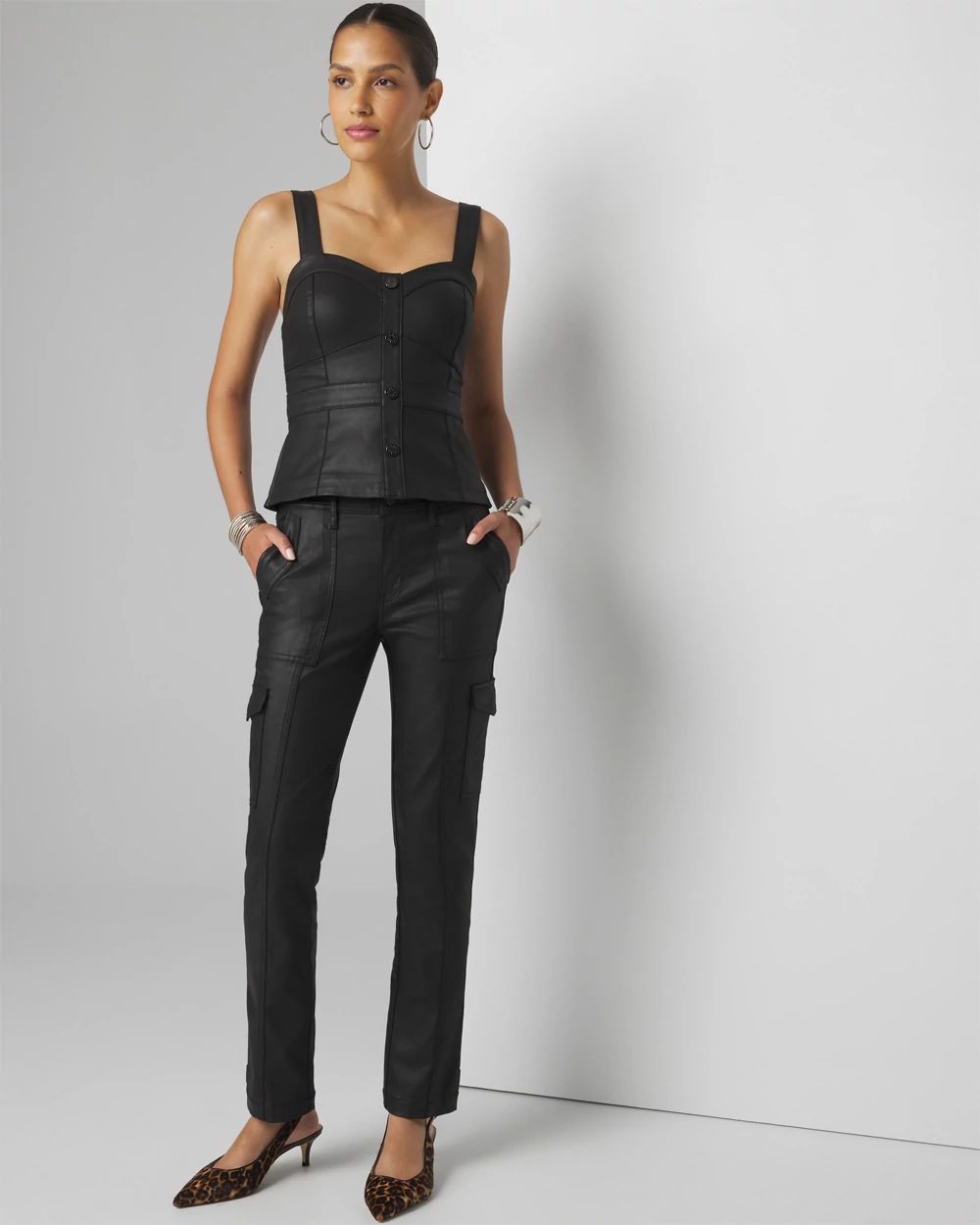 Petite Mid Rise Tapered Cargo Coated Jeans White House Black Market